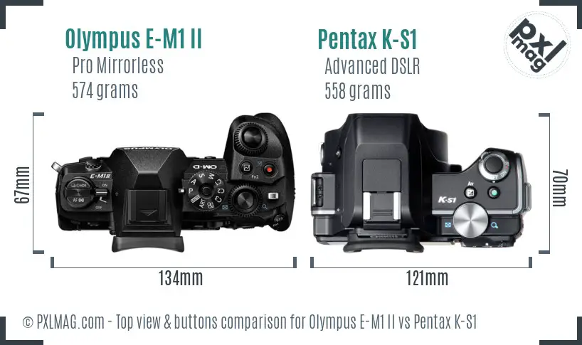 Olympus E-M1 II vs Pentax K-S1 top view buttons comparison