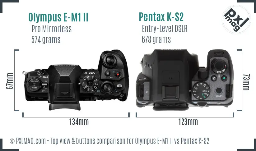 Olympus E-M1 II vs Pentax K-S2 top view buttons comparison