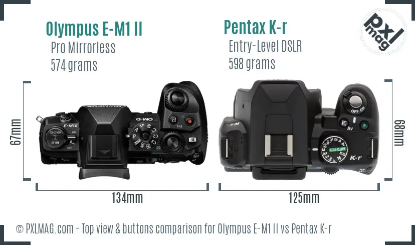 Olympus E-M1 II vs Pentax K-r top view buttons comparison