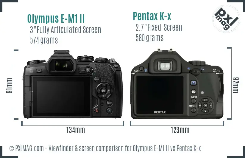 Olympus E-M1 II vs Pentax K-x Screen and Viewfinder comparison