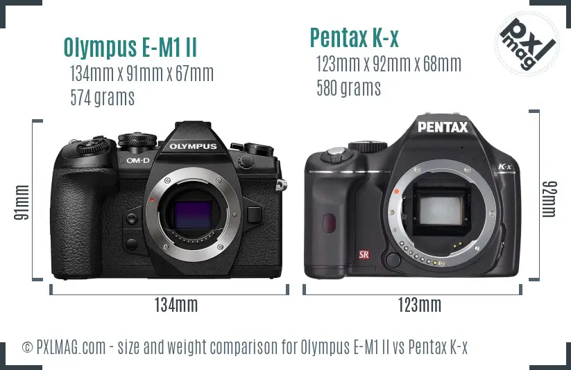 Olympus E-M1 II vs Pentax K-x size comparison