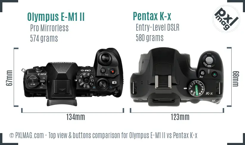 Olympus E-M1 II vs Pentax K-x top view buttons comparison