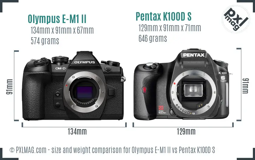 Olympus E-M1 II vs Pentax K100D S size comparison