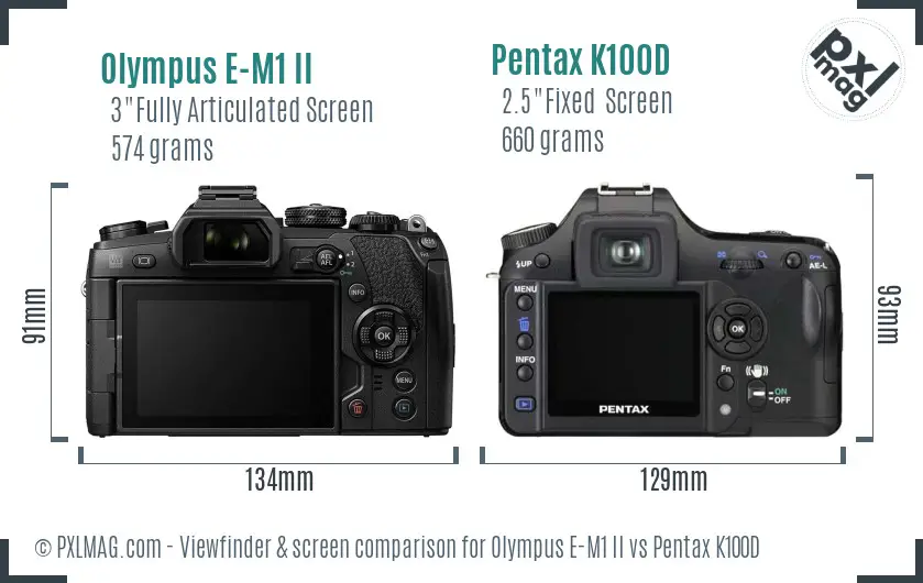 Olympus E-M1 II vs Pentax K100D Screen and Viewfinder comparison