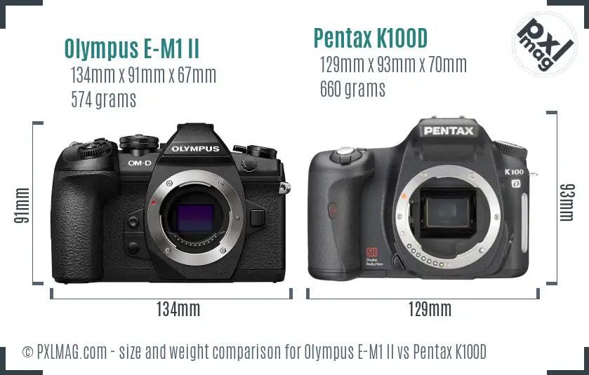 Olympus E-M1 II vs Pentax K100D size comparison