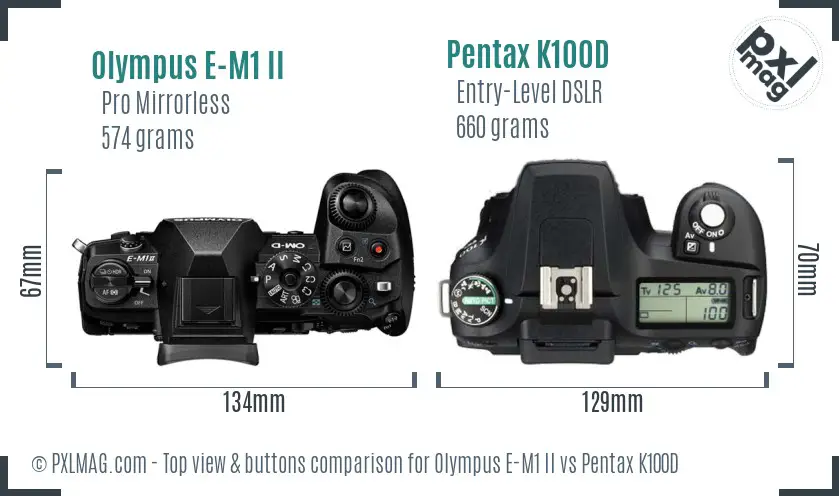 Olympus E-M1 II vs Pentax K100D top view buttons comparison