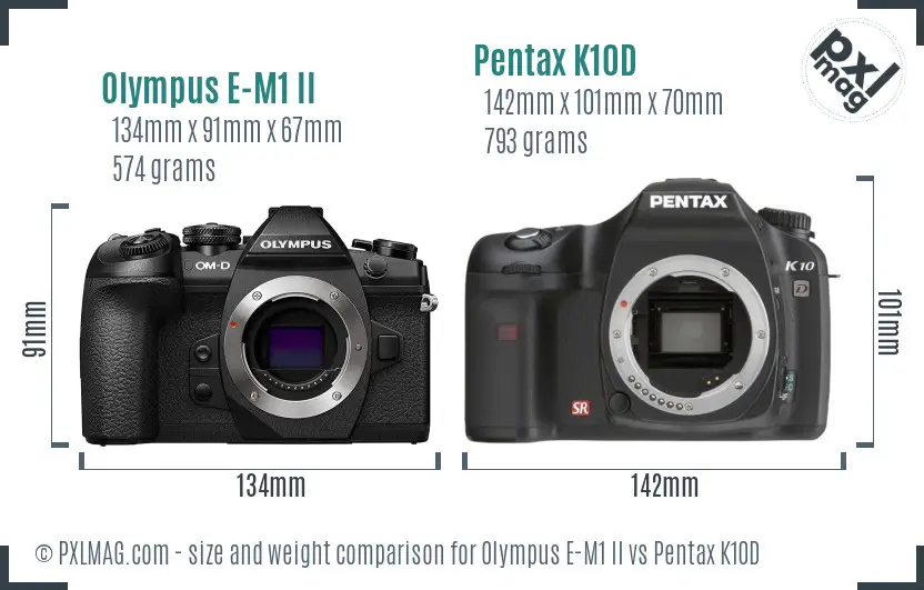 Olympus E-M1 II vs Pentax K10D size comparison