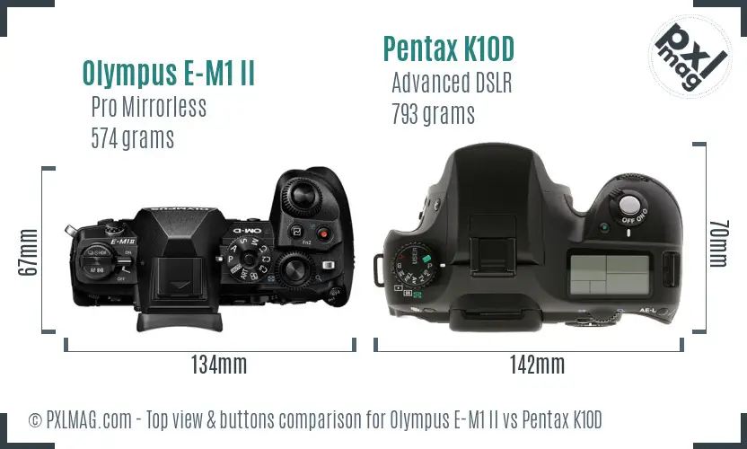 Olympus E-M1 II vs Pentax K10D top view buttons comparison