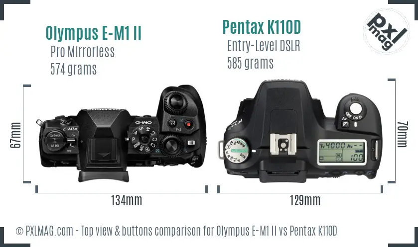 Olympus E-M1 II vs Pentax K110D top view buttons comparison