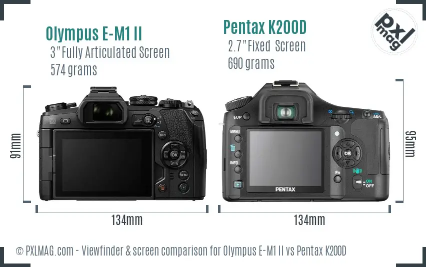 Olympus E-M1 II vs Pentax K200D Screen and Viewfinder comparison