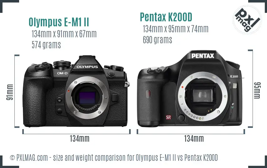 Olympus E-M1 II vs Pentax K200D size comparison