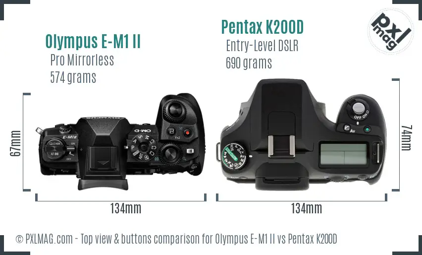 Olympus E-M1 II vs Pentax K200D top view buttons comparison