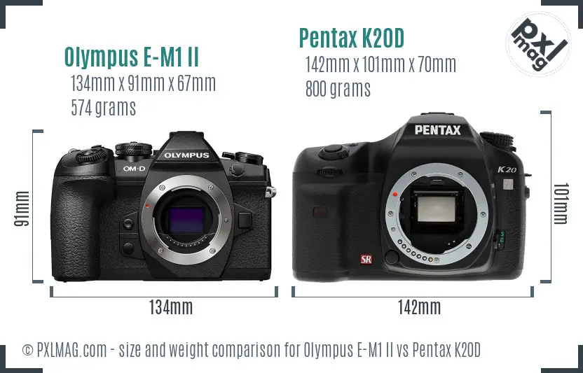 Olympus E-M1 II vs Pentax K20D size comparison
