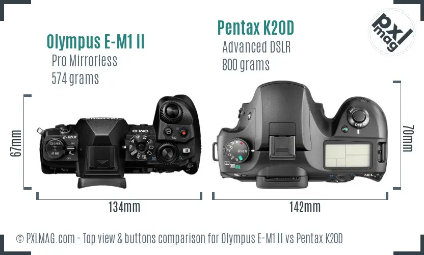 Olympus E-M1 II vs Pentax K20D top view buttons comparison