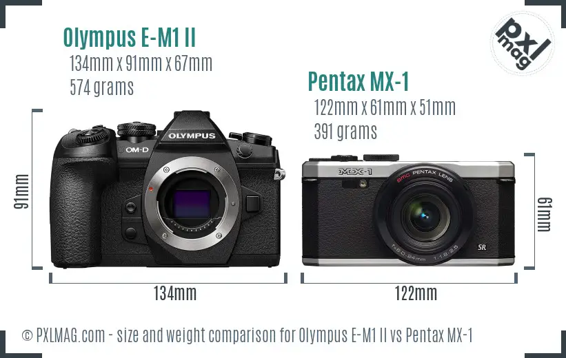 Olympus E-M1 II vs Pentax MX-1 size comparison