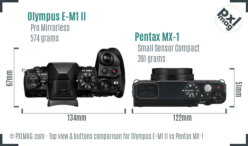 Olympus E-M1 II vs Pentax MX-1 top view buttons comparison