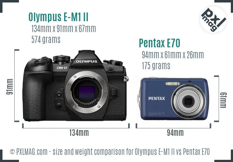 Olympus E-M1 II vs Pentax E70 size comparison