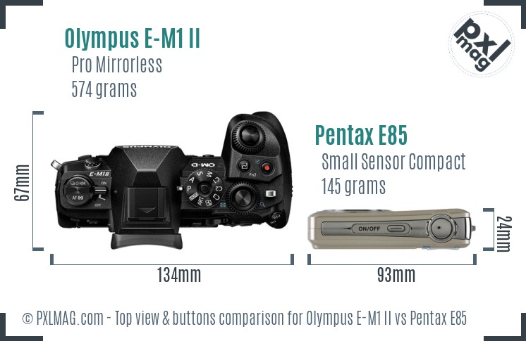 Olympus E-M1 II vs Pentax E85 top view buttons comparison