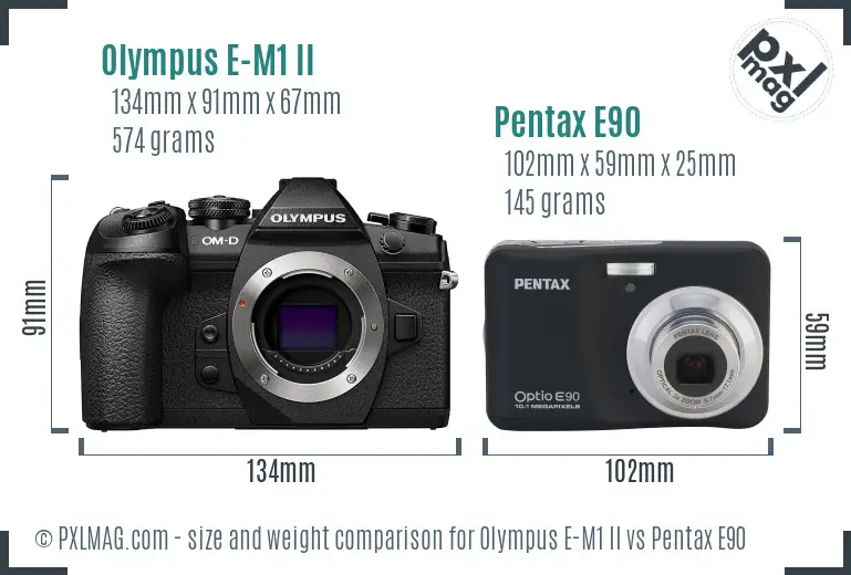 Olympus E-M1 II vs Pentax E90 size comparison