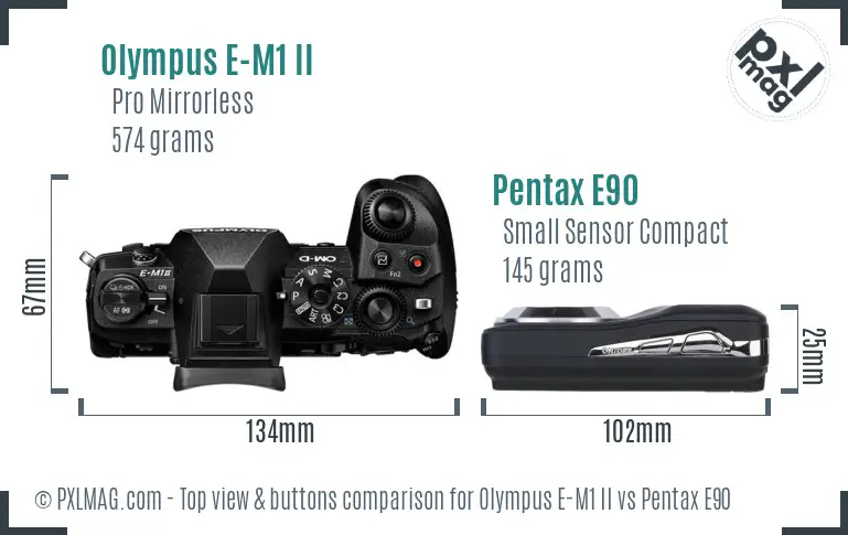 Olympus E-M1 II vs Pentax E90 top view buttons comparison