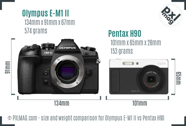 Olympus E-M1 II vs Pentax H90 size comparison