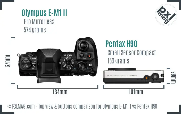 Olympus E-M1 II vs Pentax H90 top view buttons comparison