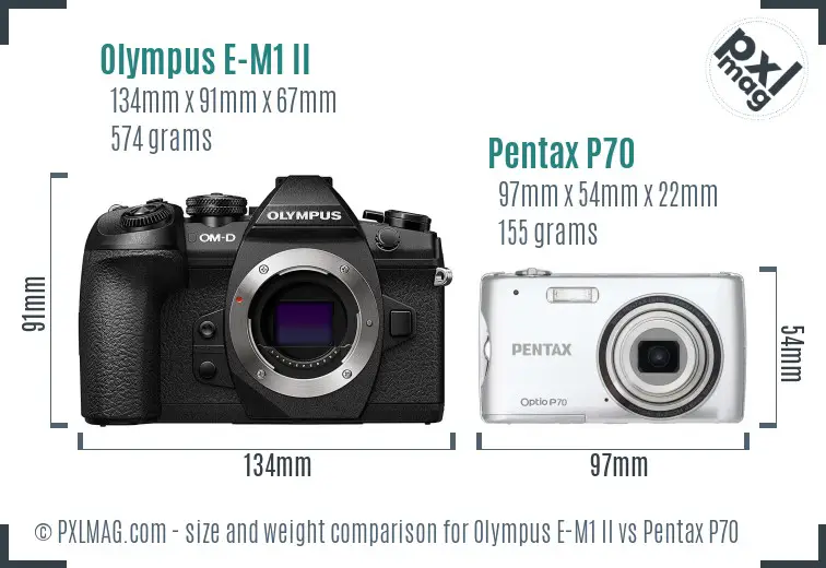 Olympus E-M1 II vs Pentax P70 size comparison