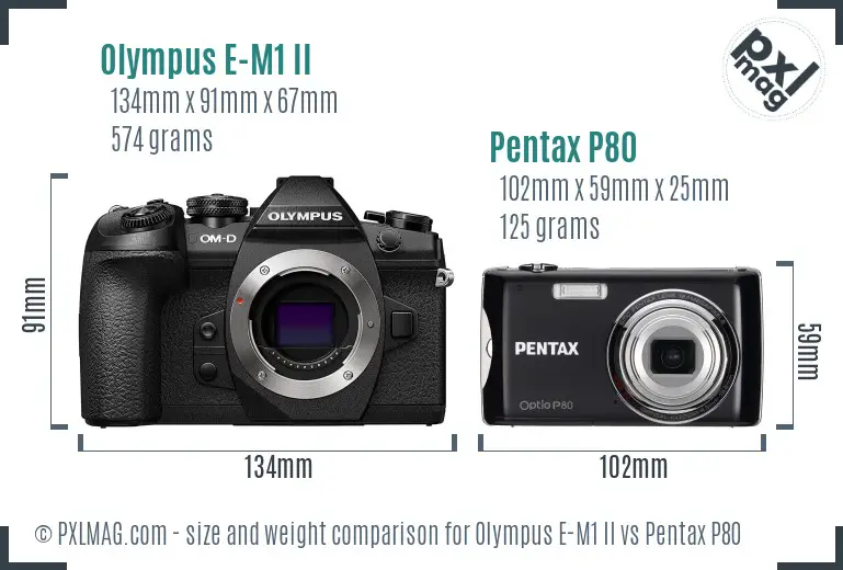 Olympus E-M1 II vs Pentax P80 size comparison