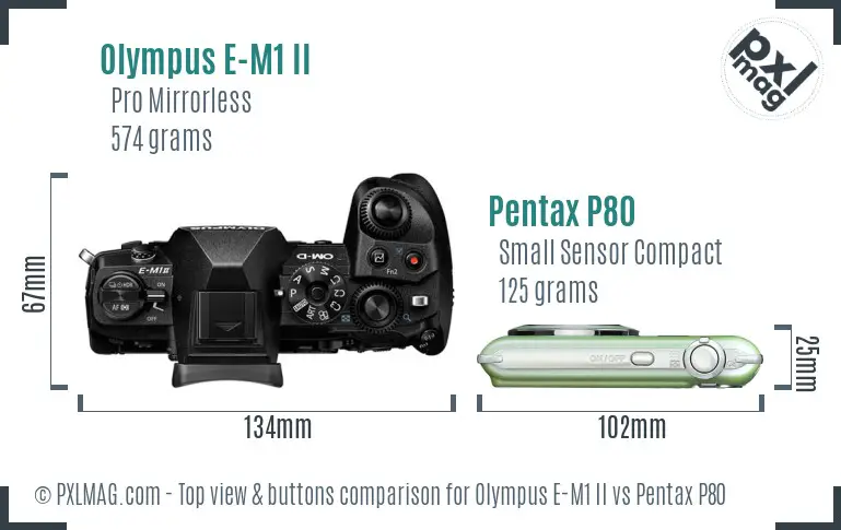 Olympus E-M1 II vs Pentax P80 top view buttons comparison