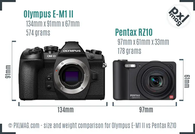 Olympus E-M1 II vs Pentax RZ10 size comparison