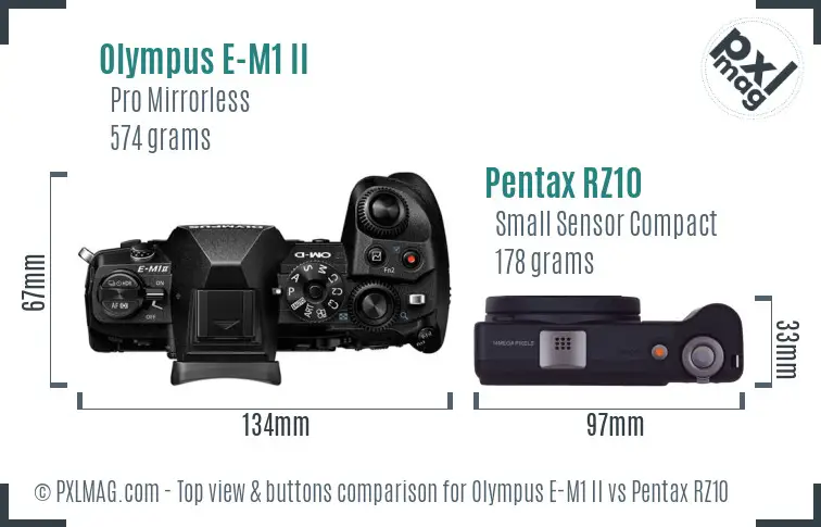 Olympus E-M1 II vs Pentax RZ10 top view buttons comparison