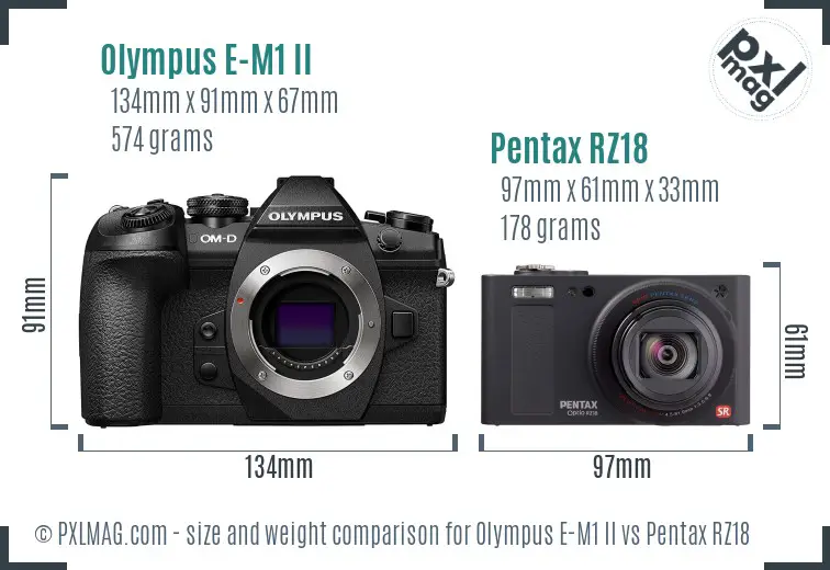 Olympus E-M1 II vs Pentax RZ18 size comparison