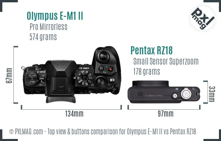 Olympus E-M1 II vs Pentax RZ18 top view buttons comparison