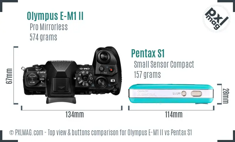Olympus E-M1 II vs Pentax S1 top view buttons comparison