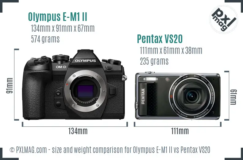 Olympus E-M1 II vs Pentax VS20 size comparison