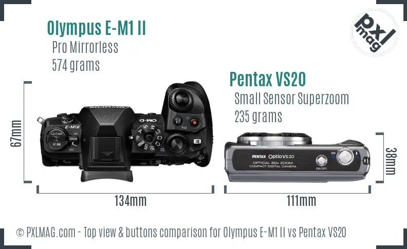 Olympus E-M1 II vs Pentax VS20 top view buttons comparison