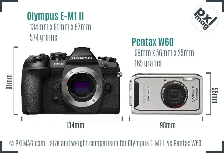 Olympus E-M1 II vs Pentax W60 size comparison