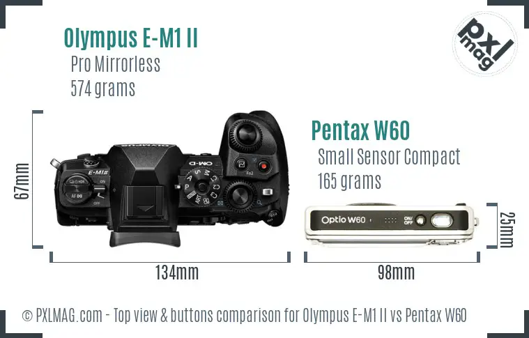 Olympus E-M1 II vs Pentax W60 top view buttons comparison