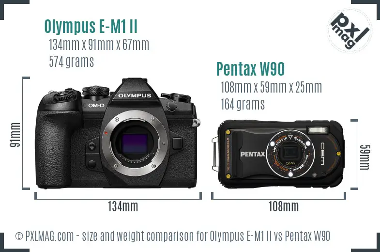 Olympus E-M1 II vs Pentax W90 size comparison