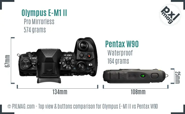 Olympus E-M1 II vs Pentax W90 top view buttons comparison
