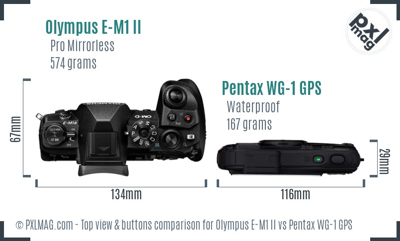 Olympus E-M1 II vs Pentax WG-1 GPS top view buttons comparison