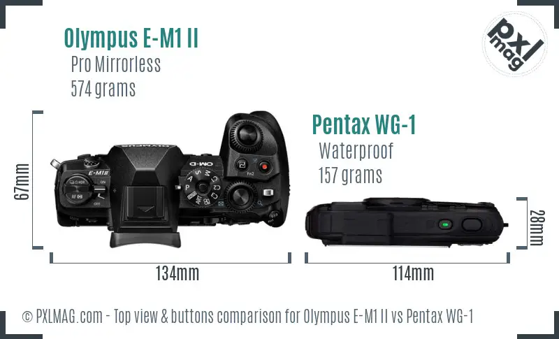 Olympus E-M1 II vs Pentax WG-1 top view buttons comparison