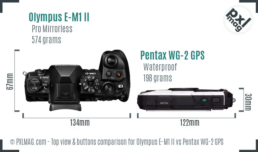 Olympus E-M1 II vs Pentax WG-2 GPS top view buttons comparison