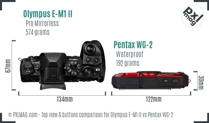Olympus E-M1 II vs Pentax WG-2 top view buttons comparison