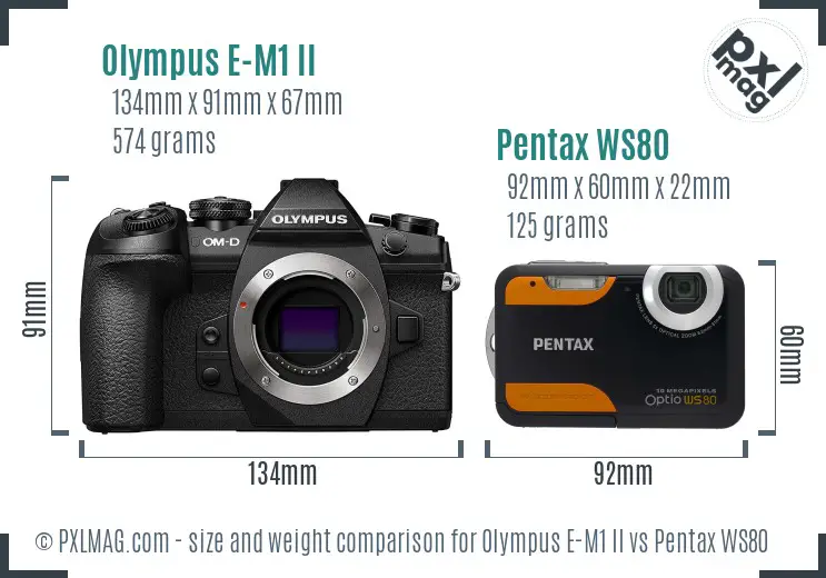 Olympus E-M1 II vs Pentax WS80 size comparison