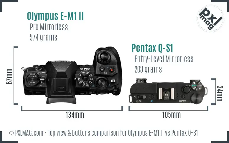Olympus E-M1 II vs Pentax Q-S1 top view buttons comparison