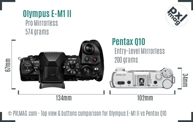 Olympus E-M1 II vs Pentax Q10 top view buttons comparison