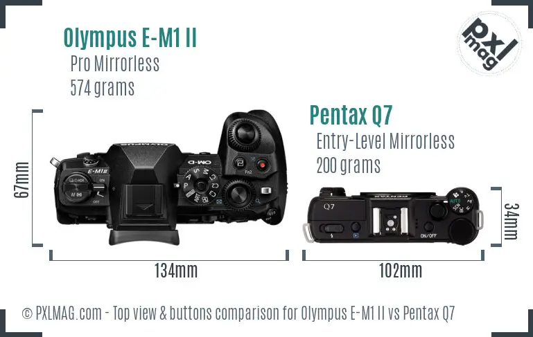 Olympus E-M1 II vs Pentax Q7 top view buttons comparison