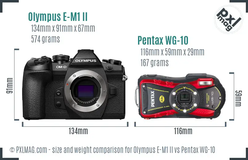 Olympus E-M1 II vs Pentax WG-10 size comparison Olympus E-M1 II vs Pentax WG-10 size comparison
