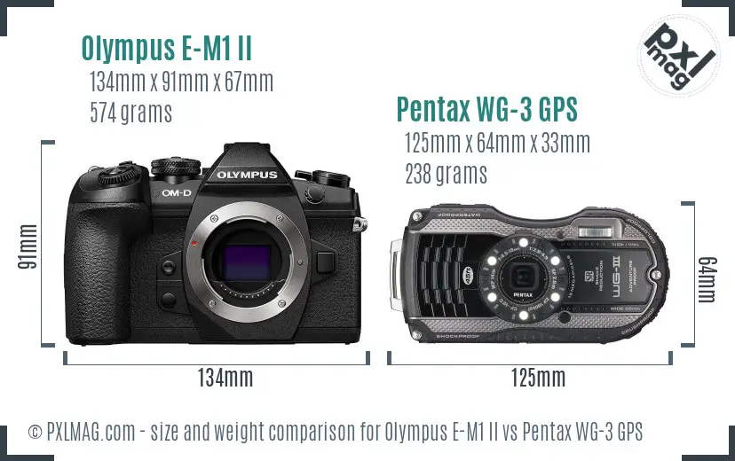Olympus E-M1 II vs Pentax WG-3 GPS size comparison Olympus E-M1 II vs Pentax WG-3 GPS size comparison